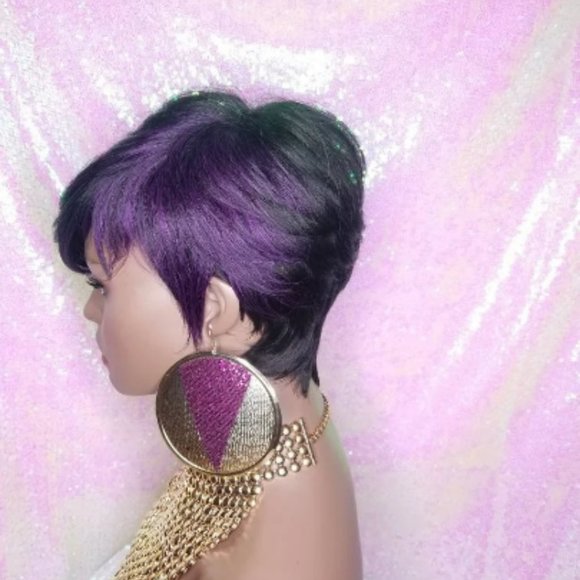 Purple Hair Pixie Cut Hairstyle Swoop Bang Fashion Trend Glueless Wig - Picture 5 of 7